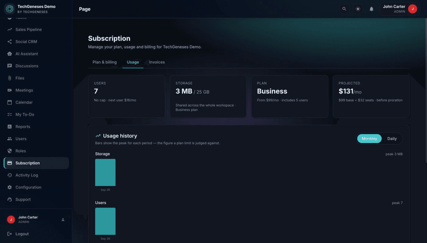 Orbis subscription screen showing plan, usage meters and history