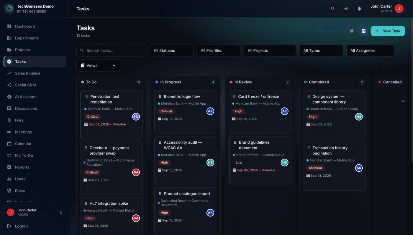 Orbis task board with columns for each status