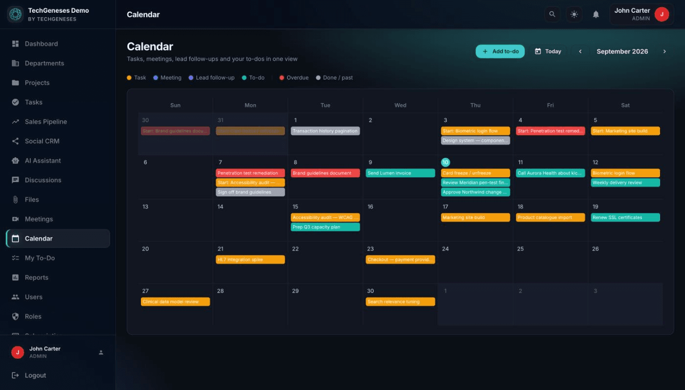 Orbis calendar combining tasks, meetings and personal to-dos
