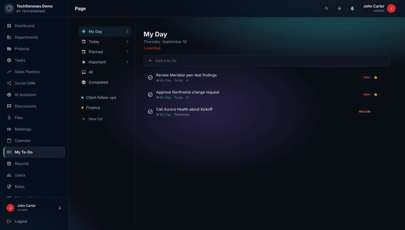 Orbis My Day personal to-do list with Planned and Important views